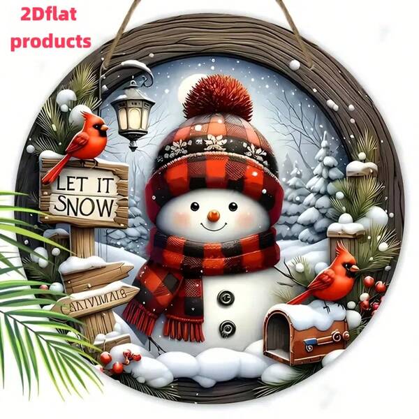 2D Flat, 1pc Vintage Holiday Snowman & Red Bird Wooden Christmas Sign, Front Door Hanging Decor, No Electricity Needed, Holiday Decoration, Christmas Decor Sign With Pine Tree & Lantern Pattern