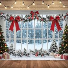 1 Piece Of Festive Window Snow And Tree Design Background Cloth, Suitable For Holiday Parties, Weddings, Birthday Parties, Photo Booths, Family Gatherings, Holiday Gifts, New Year Decorations, Bedroom, Living Room, Garden And Outdoor Decoration, Event Display, Christmas Decoration Products