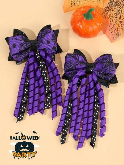 2个万圣节蜘蛛流苏蝴蝶结发夹，可爱时尚的紫色双色蝴蝶结发夹，节日派对发饰