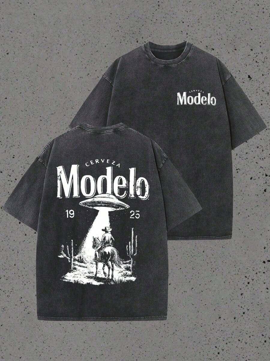 Modelo UFO Cowboy Graphic Water Washed T-Shirts, Round Short Sleeved Tees, Summer Street T-Shirts, Holiday Gifts - màu đen - Xem 1