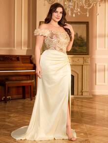 SUPGIR Plus 优雅女士抹胸花瓣袖亮片拼布褶皱开衩缎面晚礼服 - 香檳色 - 查看 5