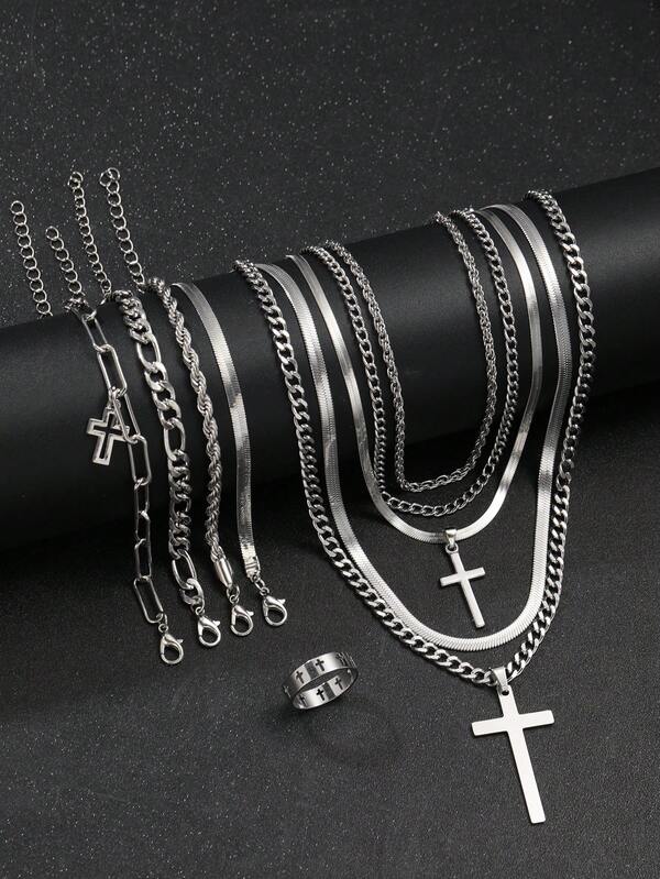 17KM Set de 10 piezas de joyería minimalista punk hip hop con collar, pulsera y anillo de cruz, adecuado para unisex, para citas, vacaciones, uso diario, bodas