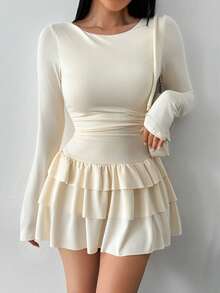 1 peça elegante vestido curto casual de malha com várias camadas e babados, adequado para outono/inverno, feriados, festas de aniversário, uso diário