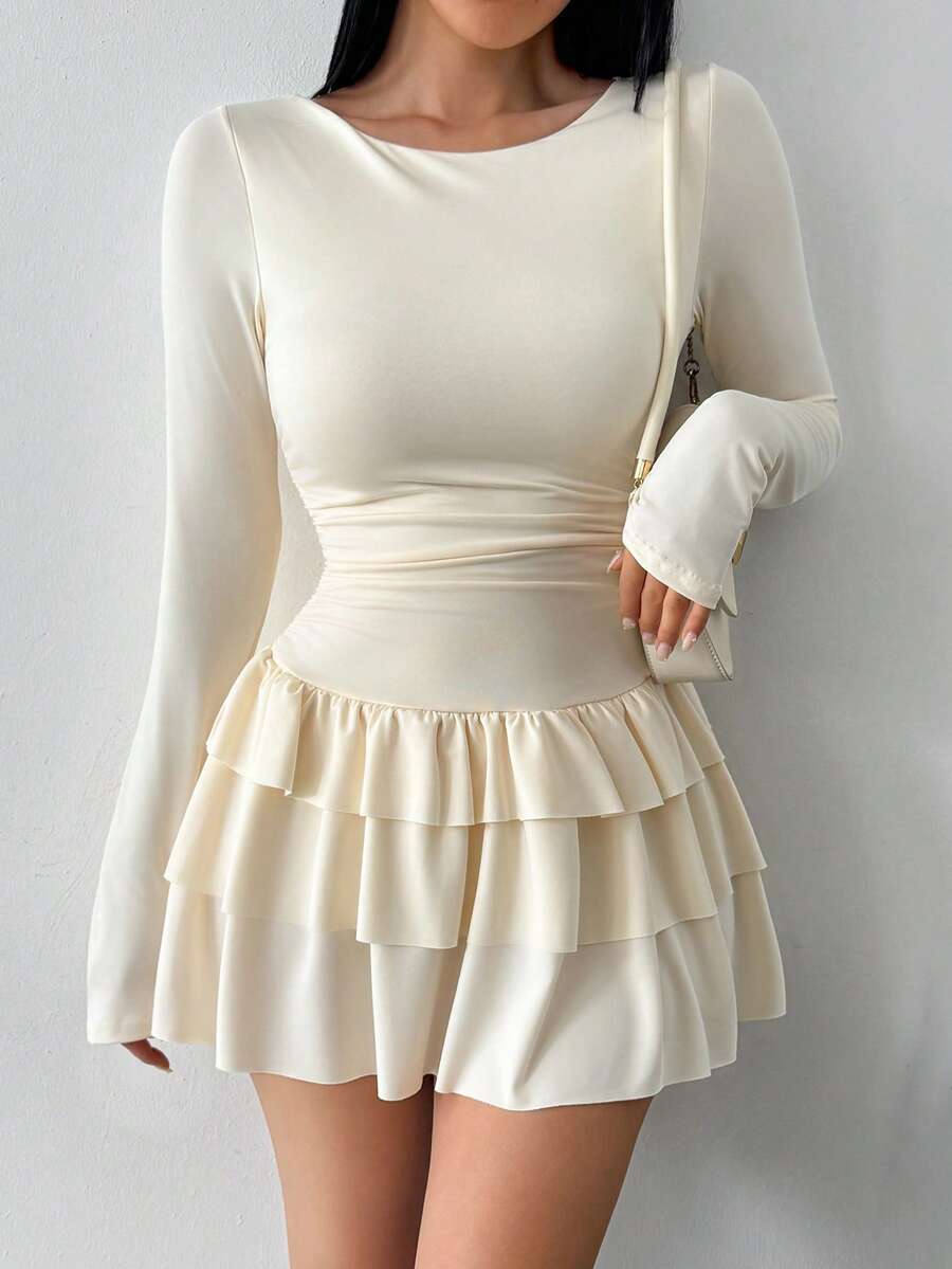 1 peça elegante vestido curto casual de malha com várias camadas e babados, adequado para outono/inverno, feriados, festas de aniversário, uso diário