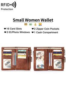 MIYIN 时尚复古女士豹纹短款钱包，多功能大容量三折信用卡夹，RFID防盗刷钱包，可装信用卡/身份证/硬币/现金/收据/照片，女士双拉链手拿包，礼品，生日礼物，周年纪念礼物 - 棕色 - 查看 4