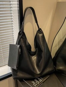 新款秋冬复古纯色哑光面料女士单肩包，现代通勤软包，简约风格可调节肩带手提包，带零钱包设计组合包，韩国高端软肩托特包 - 黑色 - 查看 7