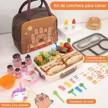 Lonchera de Capybara para Niño,Bento Lunch Box 36 Piezas, Fiambrera para Niña Preescolar Portátil A Prueba de Fugas con 4 Compartimentos, Bolsa y Cubiertos, Microondas - 1 - Ver 5