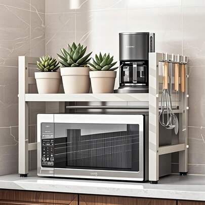 Mensola da cucina, mensola per microonde estensibile da 40-64 cm, supporto per microonde regolabile in altezza da 32 cm/42 cm, mensola per forno a microonde con 6 ganci, mensola per forno a microonde, portaspezie, supporto per microonde, mensola portaoggetti da cucina