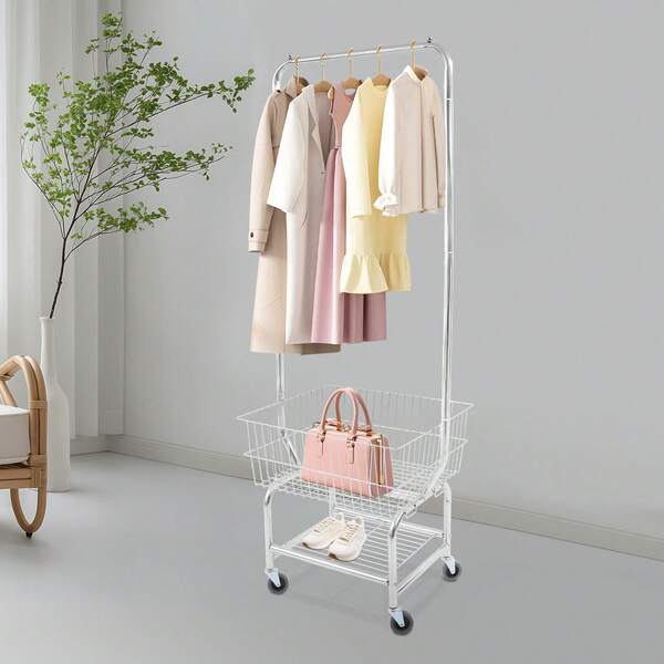 CNCEST Large Capacity Clothes Cart, 70.87in Height Rolling Laundry Cart, Laundry Cart With Hanging Rod For Families, Living Rooms, Bedrooms (Black Wheel)