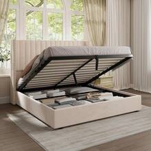 Lift Up Storage Bed Frame Queen/King Size, Velvet Upholstered Platform Bed With Channel Tufted Wingback Headboard, Modern Bedroom Furniture Design, No Box Spring Needed, Cream - Cream - View 9