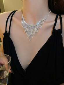 1PC Luxury Crystal Tassel Necklace For Women Shiny Geometric Full Rhinestone Chain Choker Necklace For Dress Nightclub Jazz Dance Jewelry - Style 1 - View 5