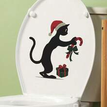 ملصق قطة سوداء تحمل هدية للحمام، ملصق لاصق ذاتي للديكور الحمام، ملصقات جدار ديكور المنزل، ديكورات عيد الميلاد المنزلية