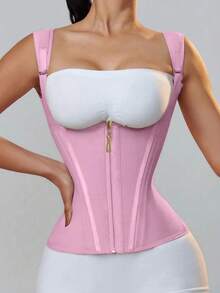 Women Double Compression Waist Trainer Corset Adjustable Straps Steel Bone Support,Zipper Hook Flat Belly Body Shaper Belt - Hồng - Xem 3