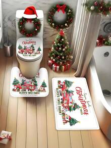 [Christmas Bluey Shower Curtain Window Curtain Set] 1/3/4pcs Christmas Solid Color Santa Hat Bluey Family And Friends Holiday Pattern Printed Shower Curtain Set, Modern Design, Suitable For All Seasons, Waterproof Polyester Hooks And Lining, Flannel Material, Soft Surface, Absorbent Anti-Slip Bathroom Mat, Bathroom Set Includes U-Shaped Mat, Toilet Mat, Anti-Slip Bathroom Mat And Bathroom Accessories, Home Decor, Holiday Decor, Christmas Gift, Daily Decor, Gift Giving