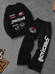 男士秋冬常规款运动衫和运动裤套装，个性化赛车印花和文字设计，时尚休闲装，带口袋运动裤，两件套 - 彩色 - 查看 3
