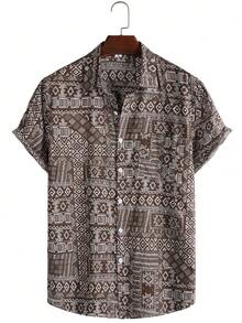 男士纽扣印花休闲短袖衬衫 - 咖啡棕 - 查看 1