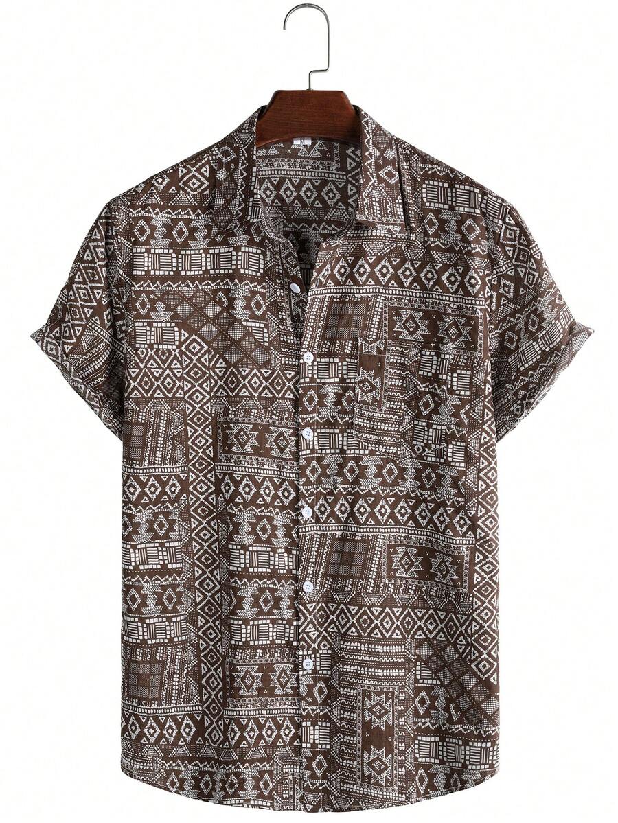 男士纽扣印花休闲短袖衬衫 - 咖啡棕 - 查看 1