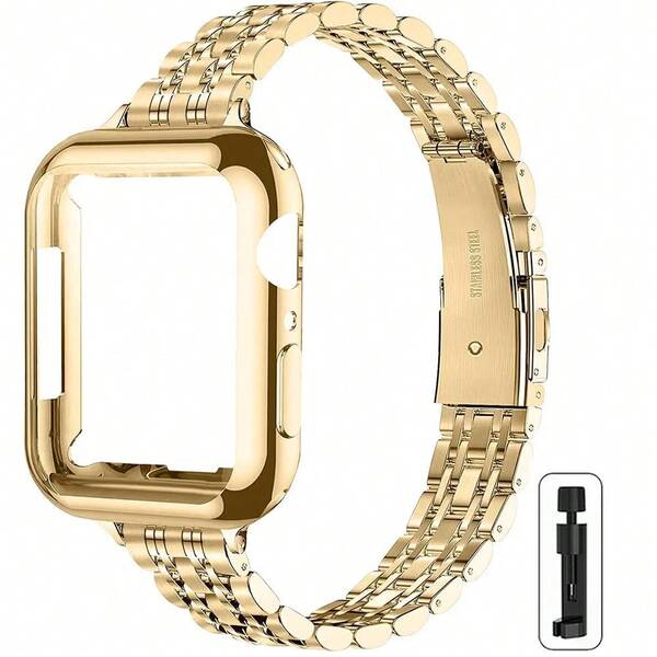 1pc Watch Band + 1pc Screen Protector, Stainless Steel Watch Band Compatible With Apple Watch 41mm 40mm 38mm 45mm 44mm 42mm, Fit For Series 11 10 9/8/7/6/5/4/3/2/1/SE/SE2, Luxury For Slim Women