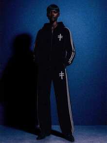 New Ins Dark Wind Niche Design Striped Printed Zipper Men's And Women's Same Fur Collar Hooded Sweater