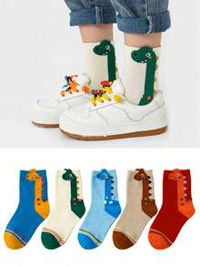 5 Pairs Cartoon Neck Dinosaur Design Children's Socks, Mid-Calf, For Spring And Autumn