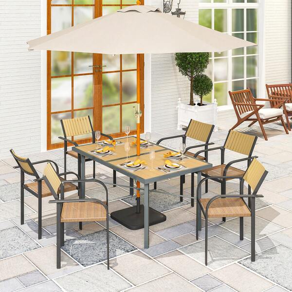  Outsunny Garden Table For 6, 150 Cm Rectangular Outdoor Dining Table With 5 Cm Umbrella Hole, Wood Effect Top, Rust Resistant Frame, For Patio, Balcony, Terrace, Natural Wood Finish