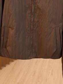 Women's Casual Jacket, Striped Woven Fabric, Pockets With Zipper, Puff Shoulder Design, Oversized Fit, Suitable For Various Figures, High-Quality Solid Color, Simple And Fashionable, Versatile For Daily Commute In Autumn/Winter - Coffee Brown - View 12