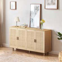 158CM Elegant And Functional 4-Door Rattan Decorative Storage Cabinet For Bedroom, Living Room, Office, Black; 158CM Elegant And Functional 4-Door Rattan Cabinet For Bedroom, Living Room, Office - 天然+刨花板 - 查看 6