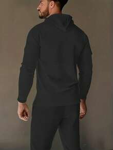 2 件男士休闲套装 - 透气纯色连帽运动衫和抽绳裤，适合日常活动的舒适运动服，秋季服装 - 黑色 - 查看 7