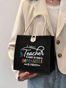 1个“最佳教师”印花亚麻手提袋，可重复使用印花手提包，女士双提手购物书包，大容量单肩包，休闲手提包，圣诞节收纳袋，适合通勤、上学、购物、户外活动，可作为礼物送给朋友、女朋友，教师节、节日等场合。 - 黑色 - 查看 10