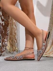 New Fashionable Rhinestone Pointed Toe Flat Slip-On Shoes, Comfortable & Versatile Shiny Flats For Women - Champagne - View 4