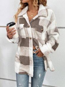 Damska jesienna kurtka w kratę z odkrytymi ramionami i kieszeniami z klapami, z motywem misia, bluzka z długim rękawem, odzież jesienno-zimowa - Kolor khaki - Zobacz 4