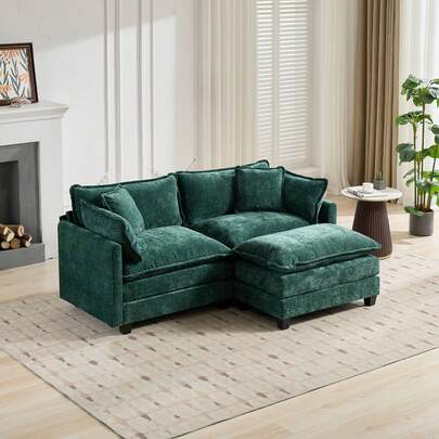 mikibama Modern Modular Sectional Sofa, 78" Upholstered Chenille Loveseat With Movable Ottoman Comfy L-Shaped Sofa, Oversized Deep Seat Cloud Couch With 2 Throw And Arm Pillows For Living Room, Green