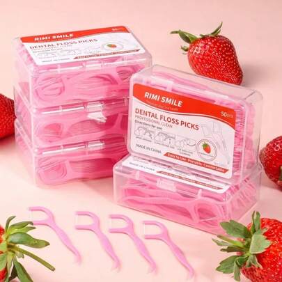 300支草莓味牙线棒 - 清新口腔护理 - 高美感粉色一次性牙线棒 - 便携适用于旅行、露营、工作、学校 - 牙间清洁工具 - 牙线、牙间刷 (50支/盒) 盒子外观随机