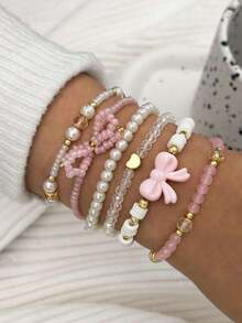 6pcs/Set Fashionable Heart & Bow Beaded Bracelet Set Women,Pearl Bow Set Women's Bracelet Sweet Bohemian Beaded Style - 粉色 - 查看 8