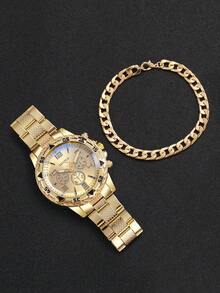 2pcs/Set Men's Steel Band Three-Eye Numeric Scale Large Dial Quartz Wrist Watch + Bracelet, No Watch Box Included - Gold - View 6