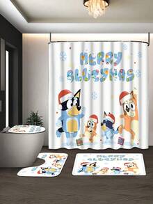 [Christmas Bluey Shower Curtain Window Curtain Set] 1/3/4pcs Christmas Solid Color Santa Hat Bluey Family And Friends Holiday Pattern Printed Shower Curtain Set, Modern Design, Suitable For All Seasons, Waterproof Polyester Hooks And Lining, Flannel Material, Soft Surface, Absorbent Anti-Slip Bathroom Mat, Bathroom Set Includes U-Shaped Mat, Toilet Mat, Anti-Slip Bathroom Mat And Bathroom Accessories, Home Decor, Holiday Decor, Christmas Gift, Daily Decor, Gift Giving