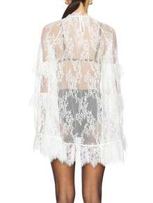 Women's See Through Lace Dress Long Sleeve Crew Neck Casual Loose Sheer Dress Vacation Beach Cocktail Mini Dresses - 白色 - 查看 3