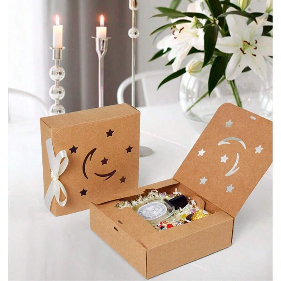 Christmas Minimalist Hollow Square Star Moon Beige Bow Gift Box In Stock, Flip-Cover Folding Square Gift Box Star Moon White Bow, Square Kraft Paper Gift Box - Multicolor - View 1
