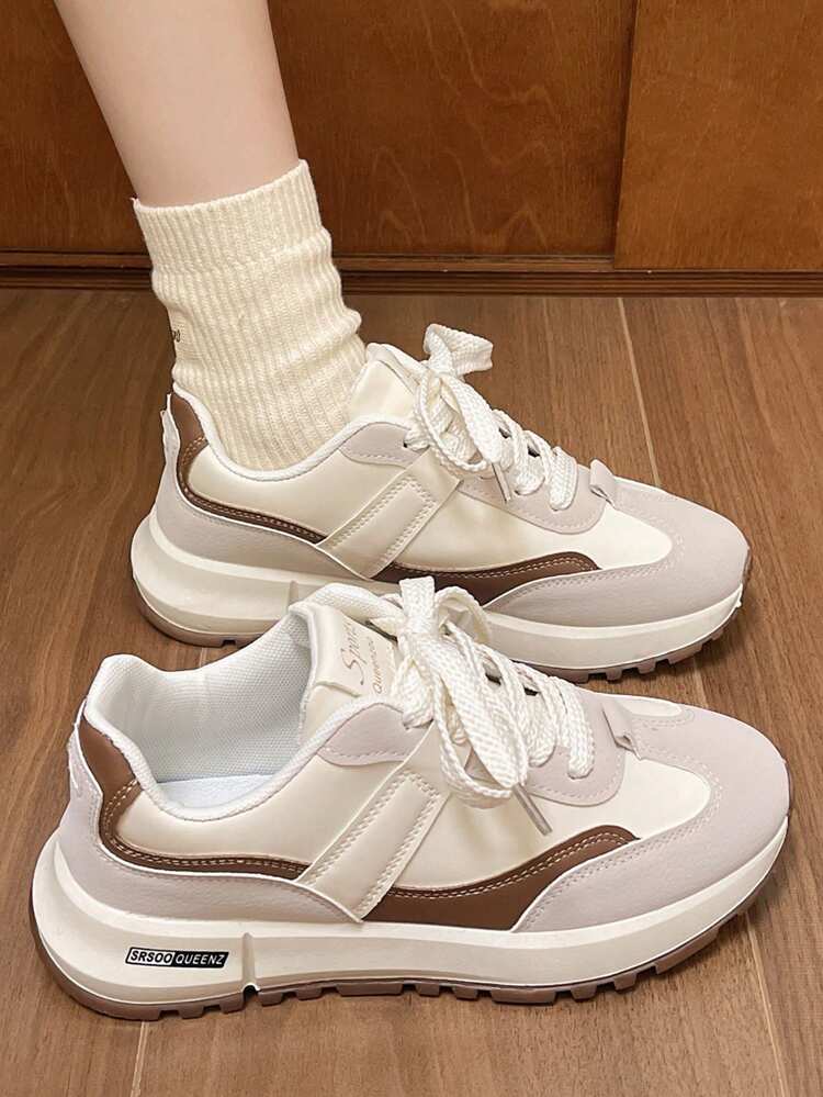 EMERY ROSE Neue runde Zehenkappe Schnürung Farbblock multifunktionale Mode vielseitige City Outdoor Lässig Sportschuhe für Frauen - Khaki - Übersicht 4