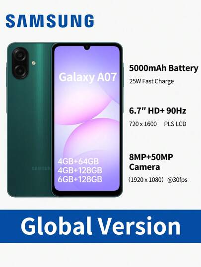 Samsung Galaxy A07 解鎖版 Android 智慧型手機：6.7 吋 HD+ 90Hz 流暢螢幕 | 50MP 專業相機 | 5000mAh 長效電池 | IP54 防水防塵 | 6 次 OS 更新 | 可選儲存空間 (64GB/128GB)、RAM (4GB/6GB) 與顏色 (黑色/綠色/紫色) | 雙 SIM 卡雙待 | 全球版