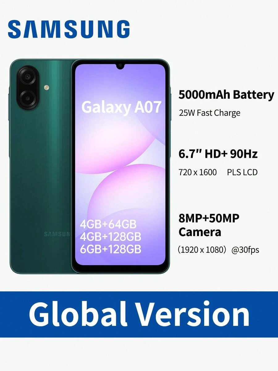 Samsung Galaxy A07 解鎖版 Android 智慧型手機：6.7 吋 HD+ 90Hz 流暢螢幕 | 50MP 專業相機 | 5000mAh 長效電池 | IP54 防水防塵 | 6 次 OS 更新 | 可選儲存空間 (64GB/128GB)、RAM (4GB/6GB) 與顏色 (黑色/綠色/紫色) | 雙 SIM 卡雙待 | 全球版
