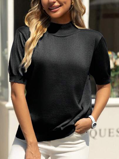 Damen eleganter Rollkragen Kurzarm Strickoberteil, weicher Stoff, klassisch & vielseitig, geeignet für verschiedene Anlässe