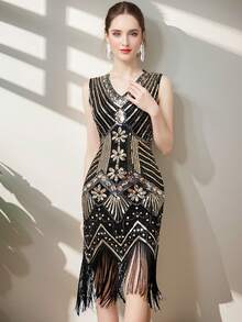 三件套闪亮礼服派对套装，金色、黑色和红色可选，20世纪20年代复古派对礼服，无袖V领亮片、串珠和流苏装饰蕾丝边正式礼服，女士派对套装包含耳环和手套（不含发带） - 彩色 - 查看 7