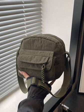 1 件纯色多口袋迷你灯芯绒便携式通勤拉链时尚简约休闲单肩包/斜挎包，适合女性日常使用