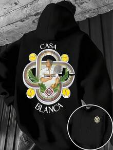 Sudadera con Capucha Gráfica Casa Blanca para Hombre -% Poliéster, Forro Grueso de Felpa, Lavable aáquina y Limpiable en Secadora, Diseño Geométrico de Tenis con Capucha con Cordón, Bolsillo Canguro, Ropa Casual para Todas las Estaciones, Sudadera para Todas las Temporadas |   Sudadera Casual de Moda |   Ropa Casual Duradera - Negro - Ver 1