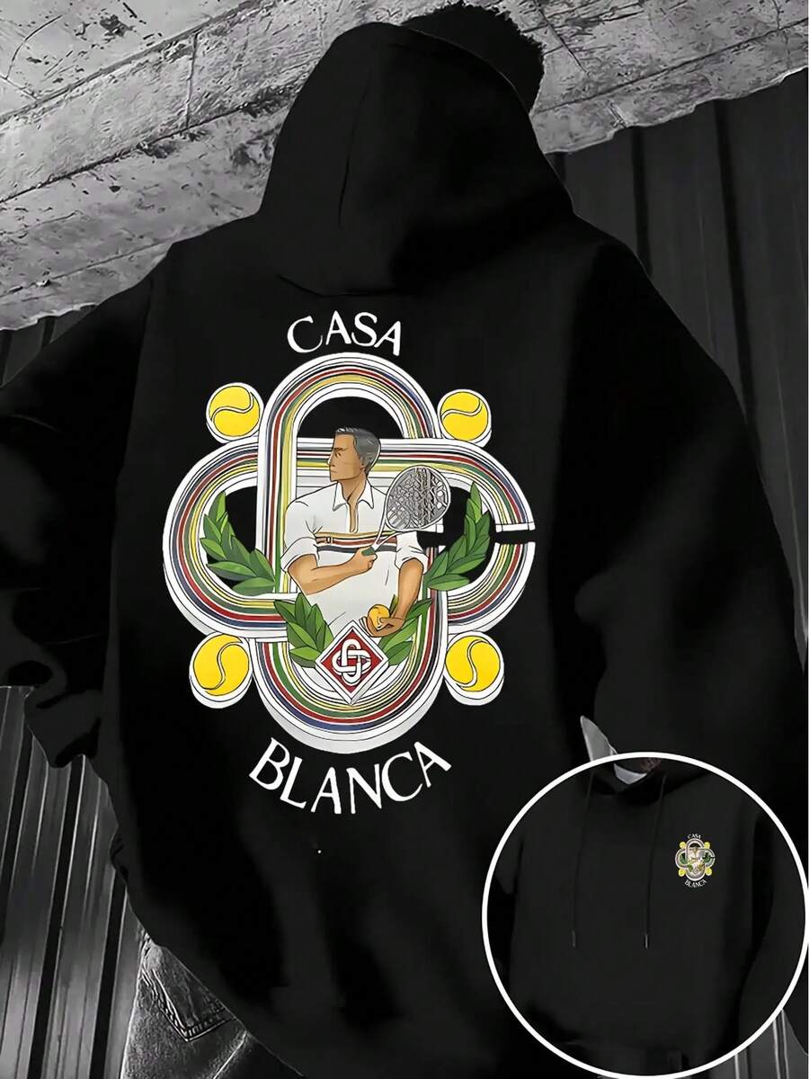 Sudadera con Capucha Gráfica Casa Blanca para Hombre -% Poliéster, Forro Grueso de Felpa, Lavable aáquina y Limpiable en Secadora, Diseño Geométrico de Tenis con Capucha con Cordón, Bolsillo Canguro, Ropa Casual para Todas las Estaciones, Sudadera para Todas las Temporadas | Sudadera Casual de Moda | Ropa Casual Duradera - Negro - Ver 1