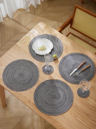 1/4 Set Woven Round Placemats & Coasters, Washable Non-Slip Dining Table Mats, Smaller Size 13.4 Inches With Woven Trim, Suitable For Family Gatherings, Weddings, Parties