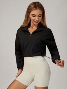 MASKERT 女士半拉链长袖外套，防晒上衣，拉链立领瑜伽上衣，跑步运动服，柔软亲肤 - 黑色 - 查看 3