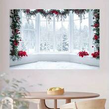 1 pièce Toile de fond de Noël Wonderland d'hiver - Fenêtres enneigées avec poinsettia rouge, décoration de fête intérieure et extérieure, bannières pour studios photo d'anniversaire et de mariage, décoration de fête, design de paysage enneigé, matériel, convient pour les célébrations de Noël. Taille, toile de fond de fête multifonctionnelle pour Noël d'hiver, décoration intérieure et extérieure, studio de photographie, décoration de jardin, décoration de fête et cabines téléphoniques. - Multicolore - Voir 3