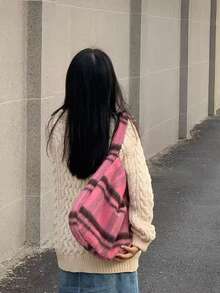 Niche Design Fuzzy Plaid Shoulder Bag, Large Capacity Fashion Canvas Autumn/Winter Tote Bag For Women, Commuting & Daily Use - Multicolor - View 6